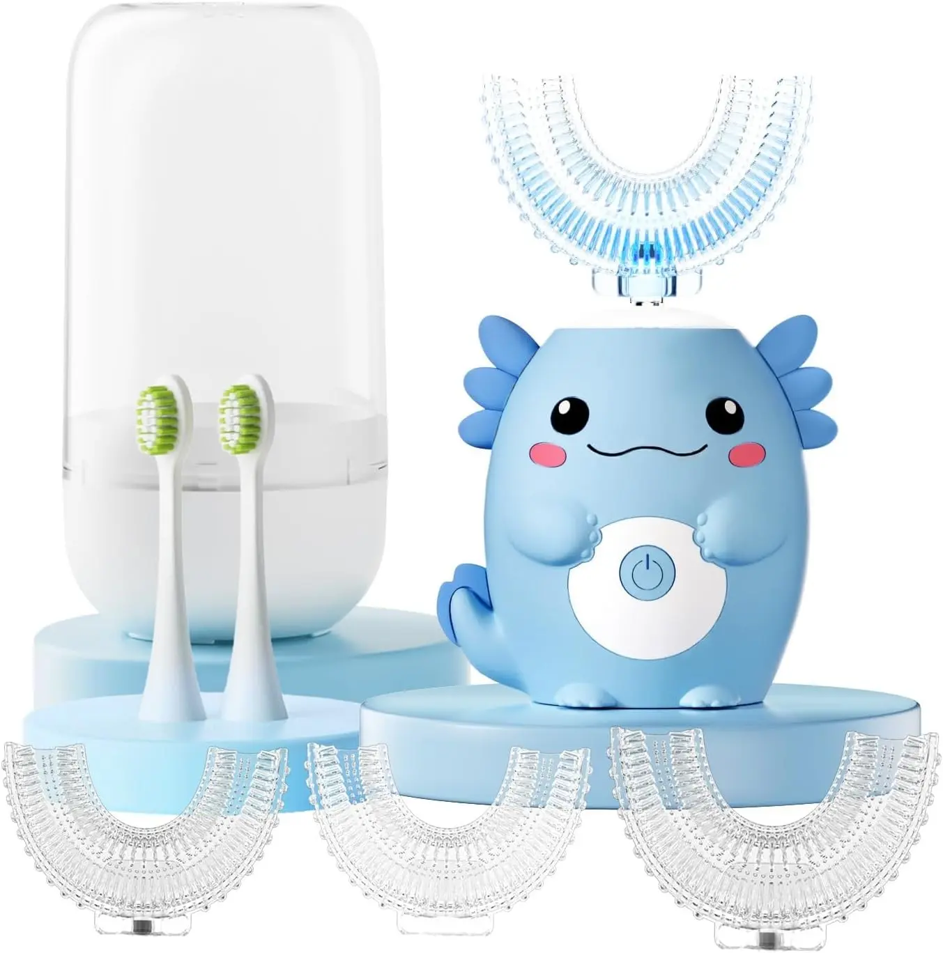 Kids Electric U Shaped Automatic Toothbrush,Cute Axolotl-Age 2-15 Blue | Toddler Sonic Toothbrush,6 Cleaning Modes,6 Brush Head,59S Timer,IPX7 Waterproof,360 Degree Deep Clean