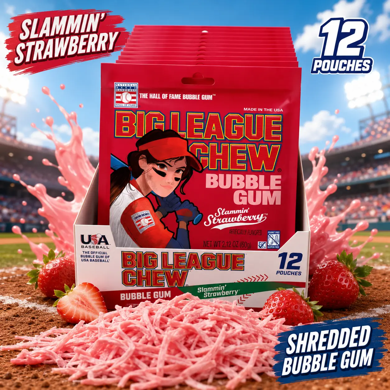 Big League Chew Girl Strawberry Bubble Gum 2.12 oz 12 Count  Shredded Strawberry Bubble Gum Pouches | Soft Chewing Gum for Sports & Everyday Fun