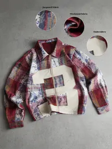 This men's retro plaid long-sleeved loose-fitting zip-up shirt features a classic distressed plaid pattern with simple number embellishments, making it suitable for casual wear.