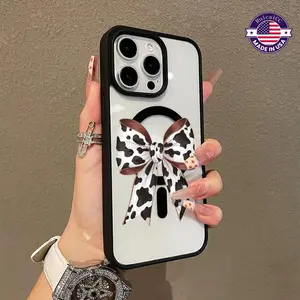 Premium Magnetic MagSafe-Ready Cow Print Bow Pattern Cellphone Casing for iPhone 11/12/13/14/15/16 Pro Max, Anti-Fall Protection, Ultra-Thin Aesthetic Accessory with Drop Resistance