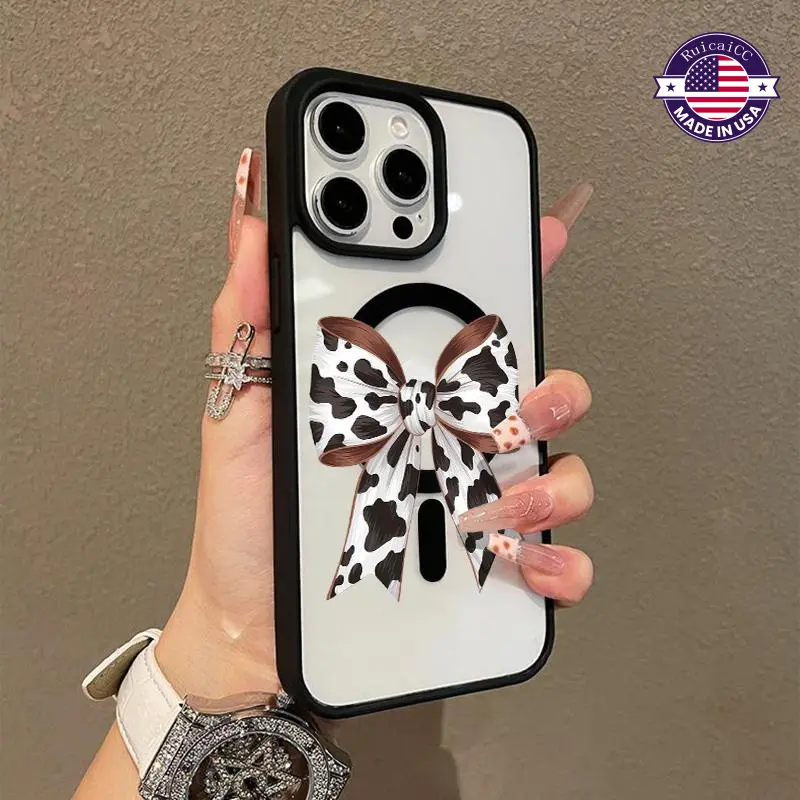 Premium Magnetic MagSafe-Ready Cow Print Bow TPU Phone Case for iPhone 11/12/13/14/15/16 Pro Max - Lightweight, Ultra-Thin, Durable, Anti-Fall, Aesthetic Mobile Phone Accessory with Impact Resistance