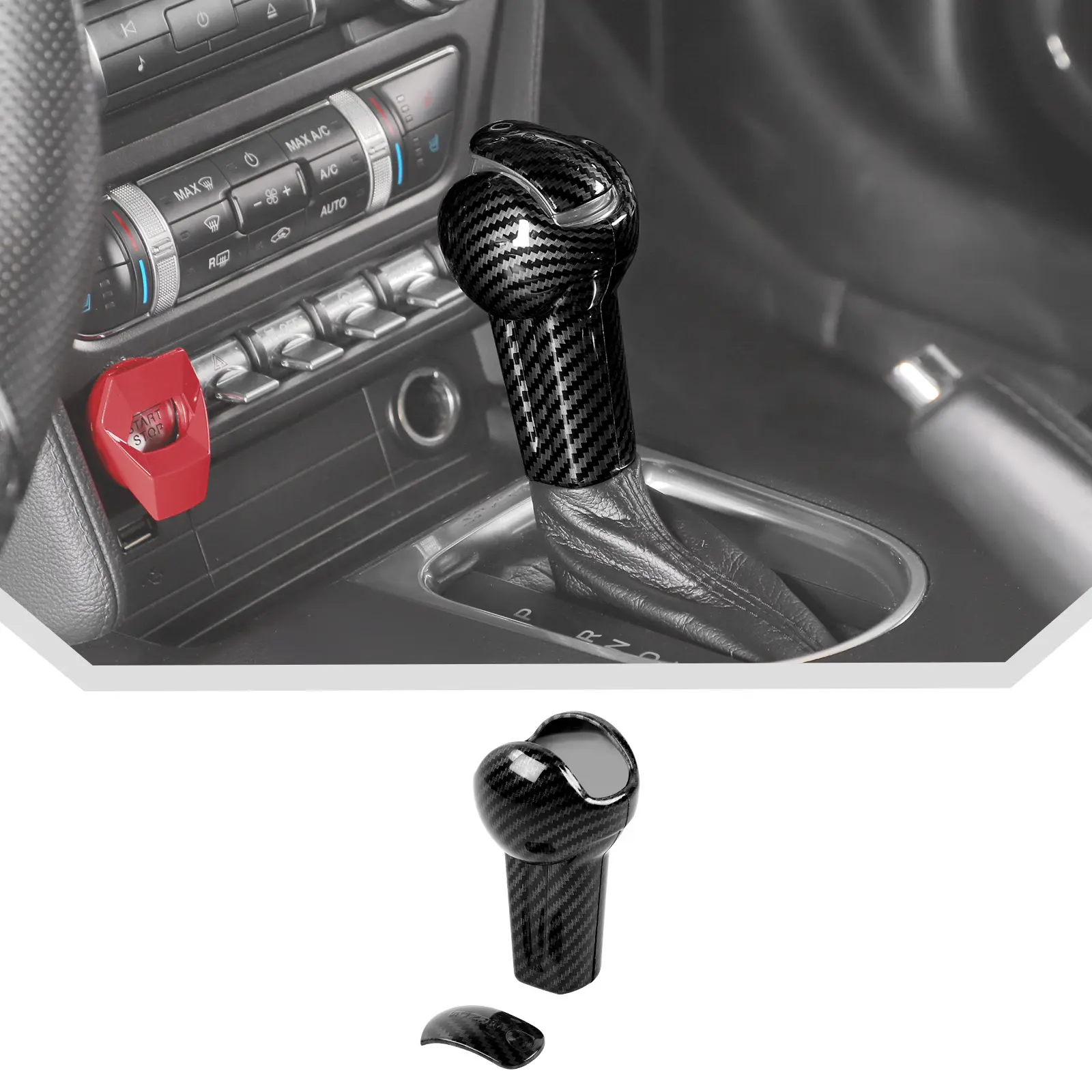 Carbon Fiber Style ABS Gear Shift Knob Cover Trim - High-Quality UV Coated Shift Lever Cover, Laser Cut Perfect Fit Car Interior Sticker for 2015-2023 Ford Mustang