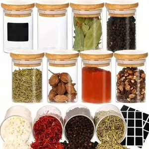 12 Glass Storage Bottles with Wood Lids, 100ML Capacity, 7.8cm Height, Sealed Bamboo Caps, Portable Transparent Containers Organiser