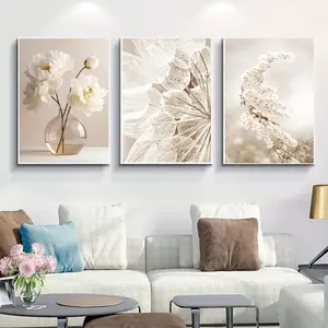 3 Piece Bohemian Beige and Brown Canvas Wall Art Set - Minimalist Beige Abstract Landscape Painting with Dried Flowers and Leaves, Frameless Textured Surface, Suitable for home decor, Minimalist Design
