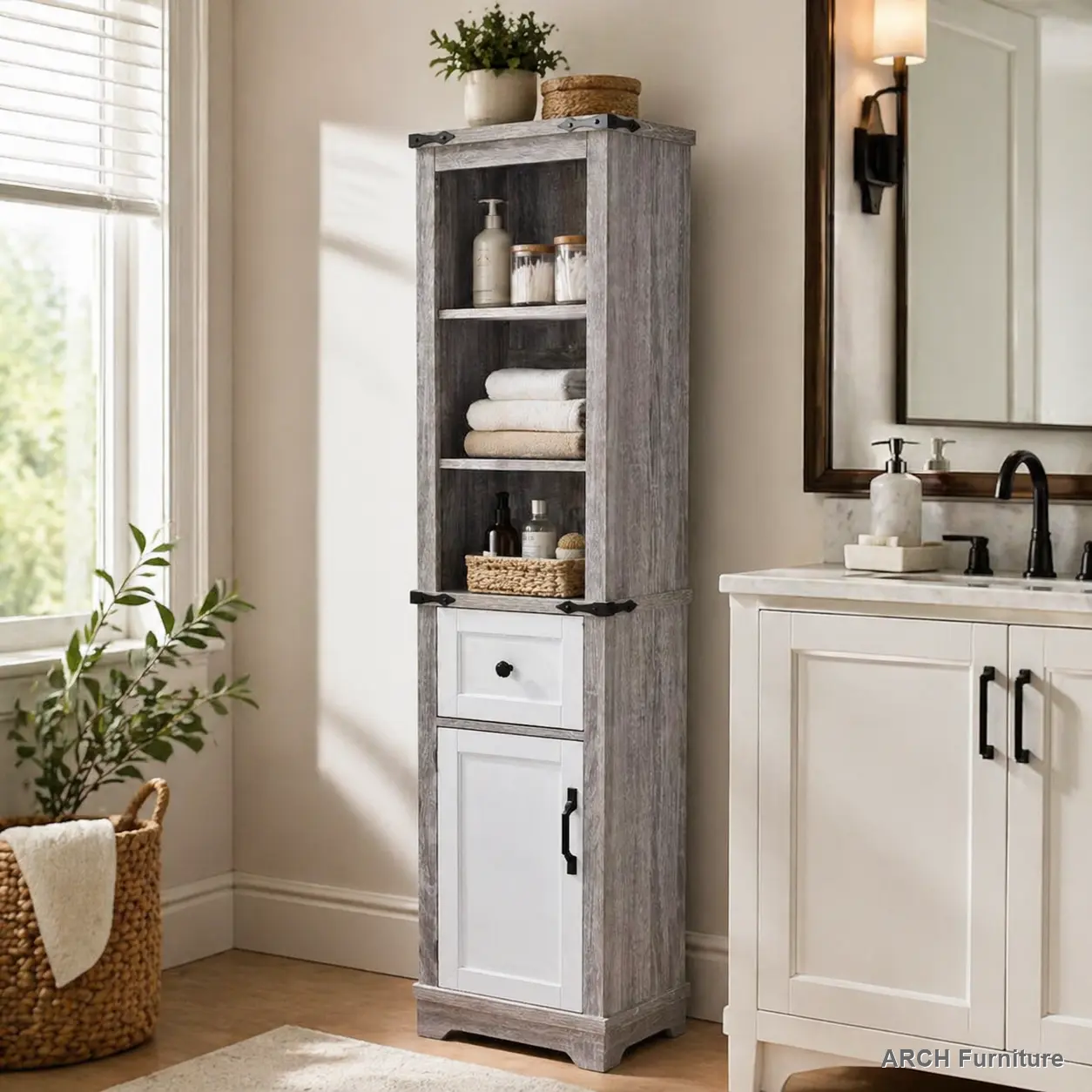 ARCH Narrow Farmhouse Non-Drilling Drawer-Equipped Stand-Alone Tall Linen Tower Cupboard, Freestanding Slim Space-Saving Single-Door Bathroom Storage Cabinet with Adjustable Shelves, Grey and White Finish for Bathroom Living Room, Non-Drilling Tall Cupboa