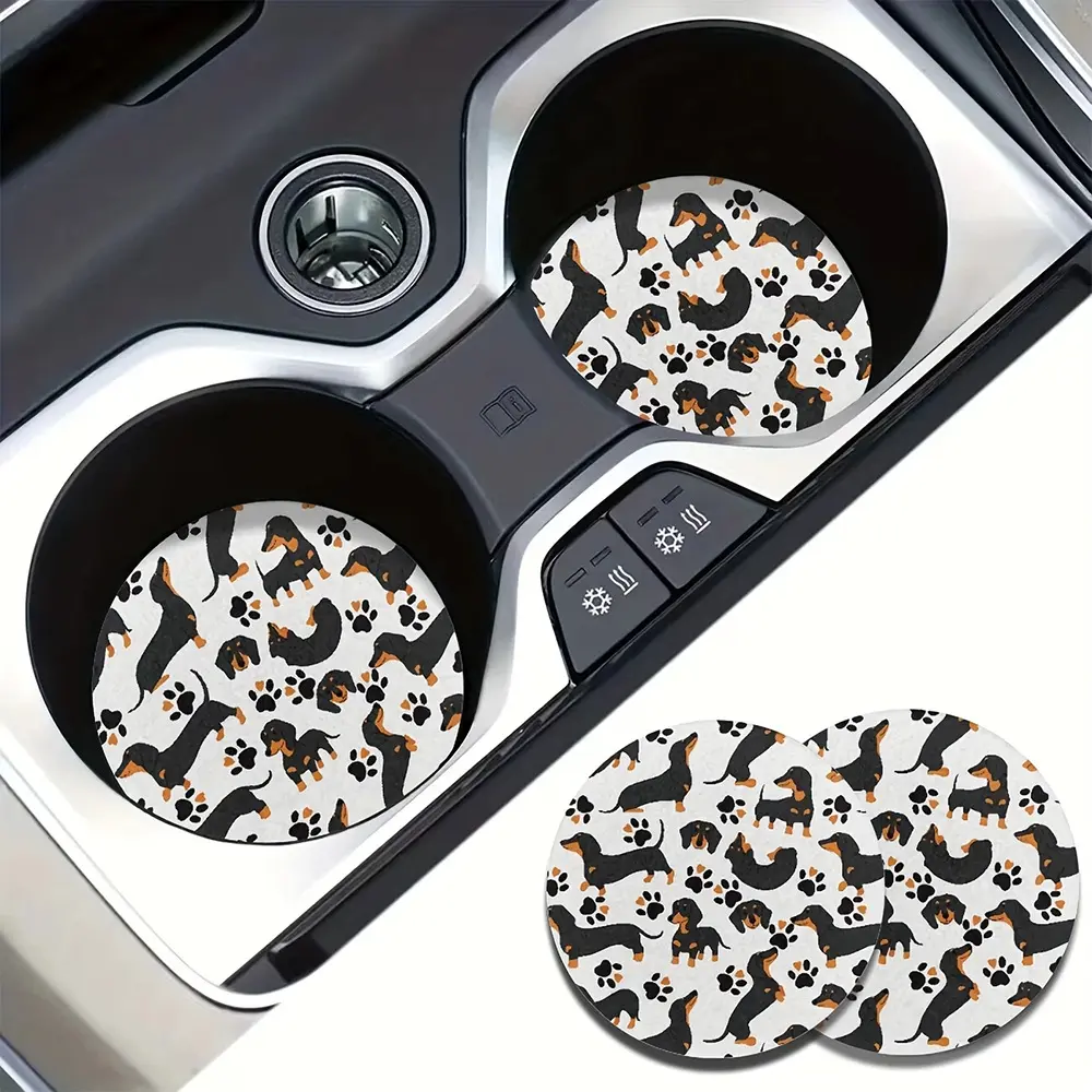 Car Cup Coasters, 2-Piece Absorbent Ceramic Set with Kawaii Weiner Dog Pattern, Aesthetic Car Accessories for Road Trips, Birthday Gift Idea, Accessories For Car