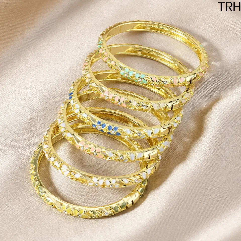 Chinese Style Open Bangle, Hand-Finished Enamel Cuff with Vintage Floral Motif and Rhinestone Flowers, Statement Jewelry for Hanfu, Holiday Gifting, Hand-Finished Enamel Bracelets & Bangles, Elegant Bangle Bracelet, Open Cuffs