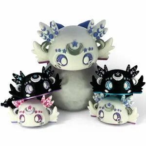 LunaLotol - Moon Axolotl 3D Printed Fantasy Creature Celestial Pearl & Obsidian Star Variants Articulated Design Kawaii Charm