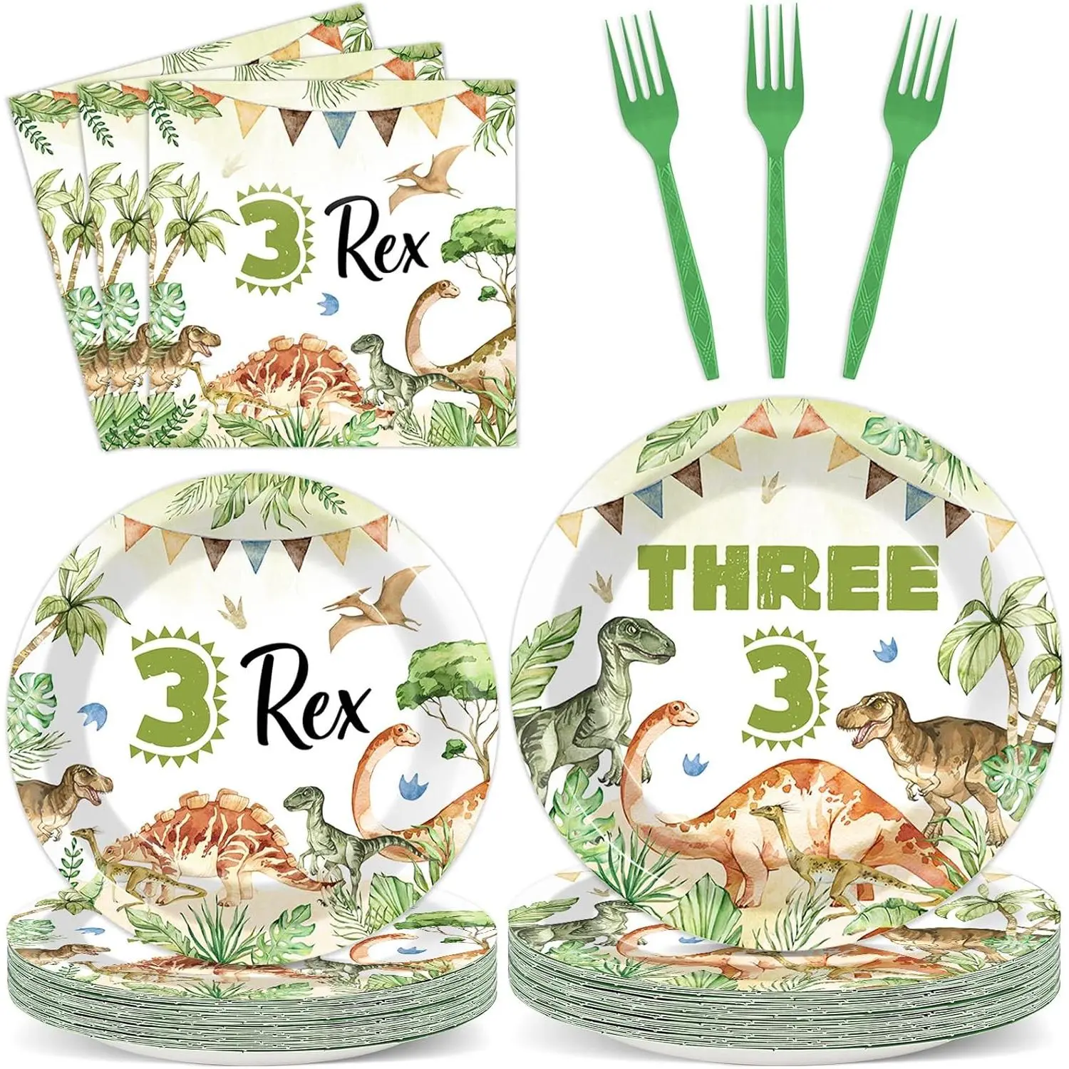 96PCS Dinosaur 3rd Birthday Party Paper Plates and Napkins and Forks Set Watercolor Dino Rex Tableware Set Three Rex Theme Dinnerware Paper Plates for Kids Birthday Gatherings Decorations
