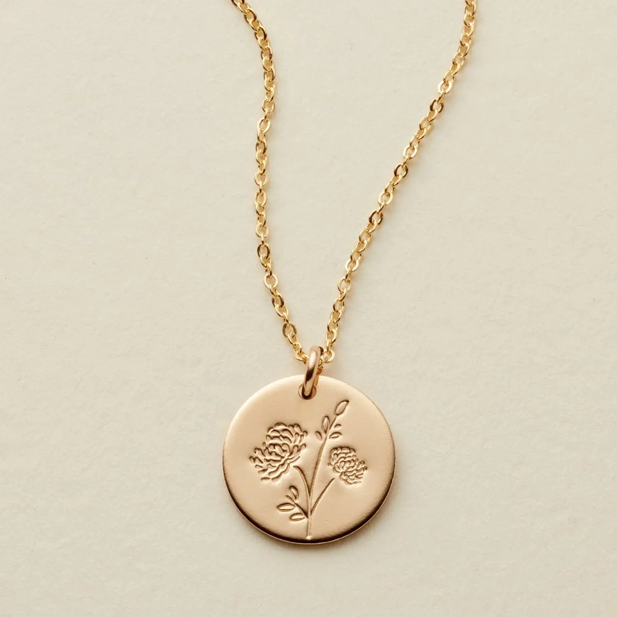 November Birth Flower Necklace Gold Filled with Hand Drawn Chrysanthemum Stamp for Optimism
