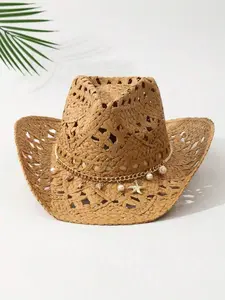 1pcs Unisex Conch Decor Cowboy Hat Wide Brim Hollow Printed Hollow Out Pattern Cowgirl Hat Casual Sun Protection Sun Hat Spring Summer Travel Shade Beach Outing Beach Hat Straw Hat