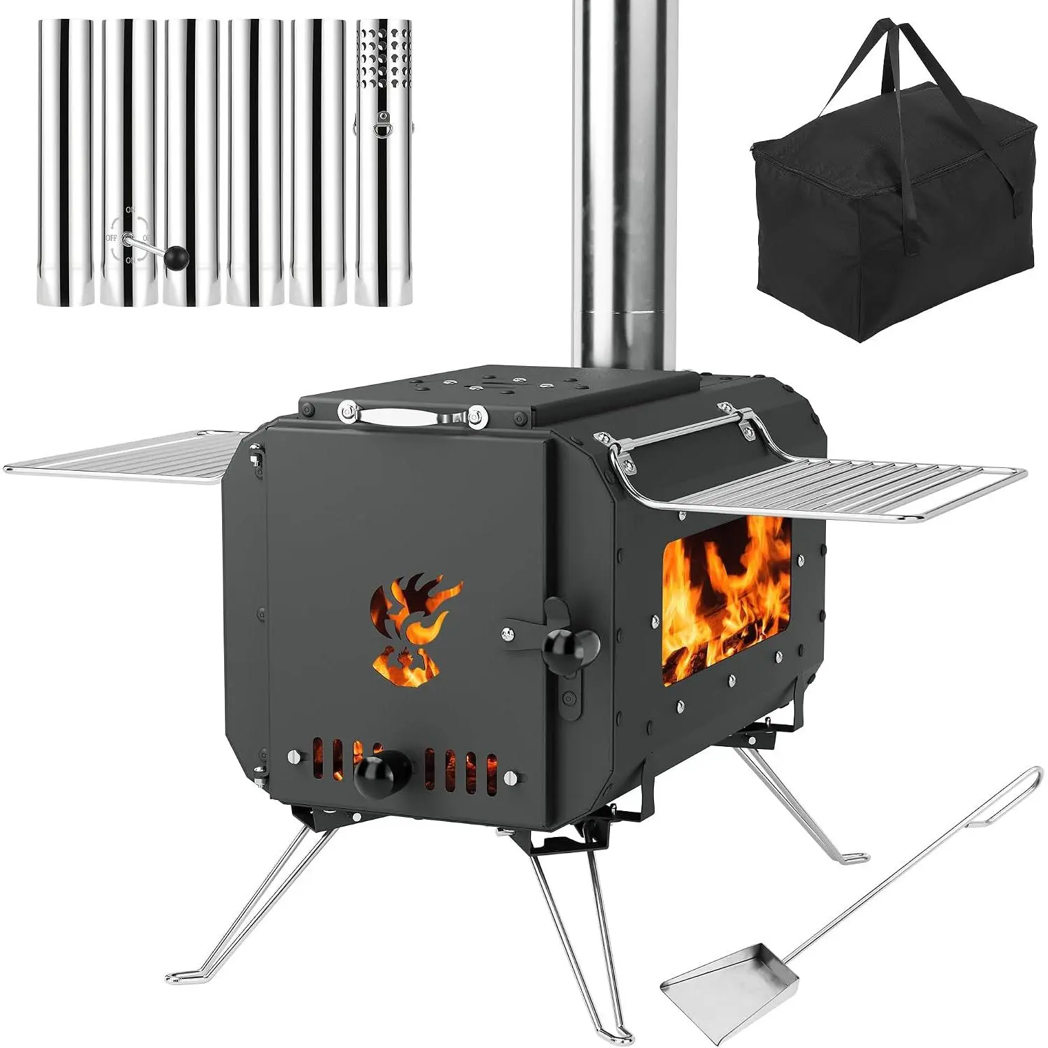 GARVEE Outdoor Portable Tent Stove,Wood Burning Stove for Camping,Cast Iron Wood Stove,Tent Heaters for Camping,Includes Chimney Pipes ans View Glass,Ice-fishing,Cookout, Hiking, Travel