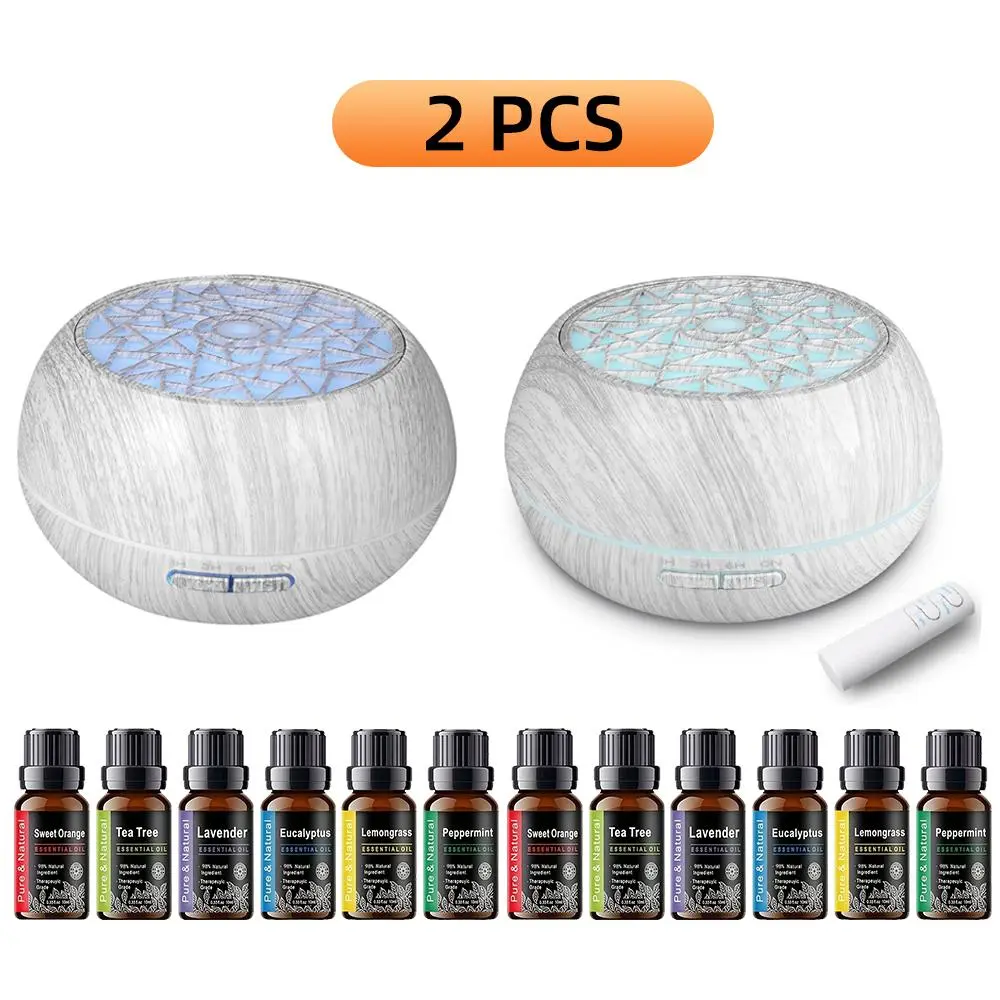 2 PCS 550ml Wood G Design Ultrasonic Aromatherapy Diffuser Humidifier - Remote Operation, 7 LED Mood Lights, 6 Essential Oils, Adapter, Bedside Cool Mist Vaporizer for Home Wellness, Space Lighting, Bedside Humidifier