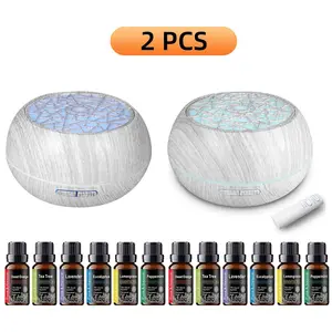 2 PCS Family-Sized 550ml Ultrasonic Diffuser with Wood G Design Remote Operation 7 LED Mood Lights 6 Essential Oils for Home Aromatherapy Fragrant Oil Humidifier Vaporizer for Home Wellness pro vir tec mist sound crack tabletop mode moss  lab  scent  hack