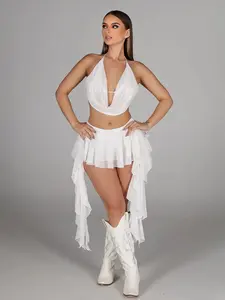 Women's Two-Piece Mesh Fitted Halter Top & Ruffle Hem Skirt Set, Perfect for Party and Fashion Daily Wear, Solid