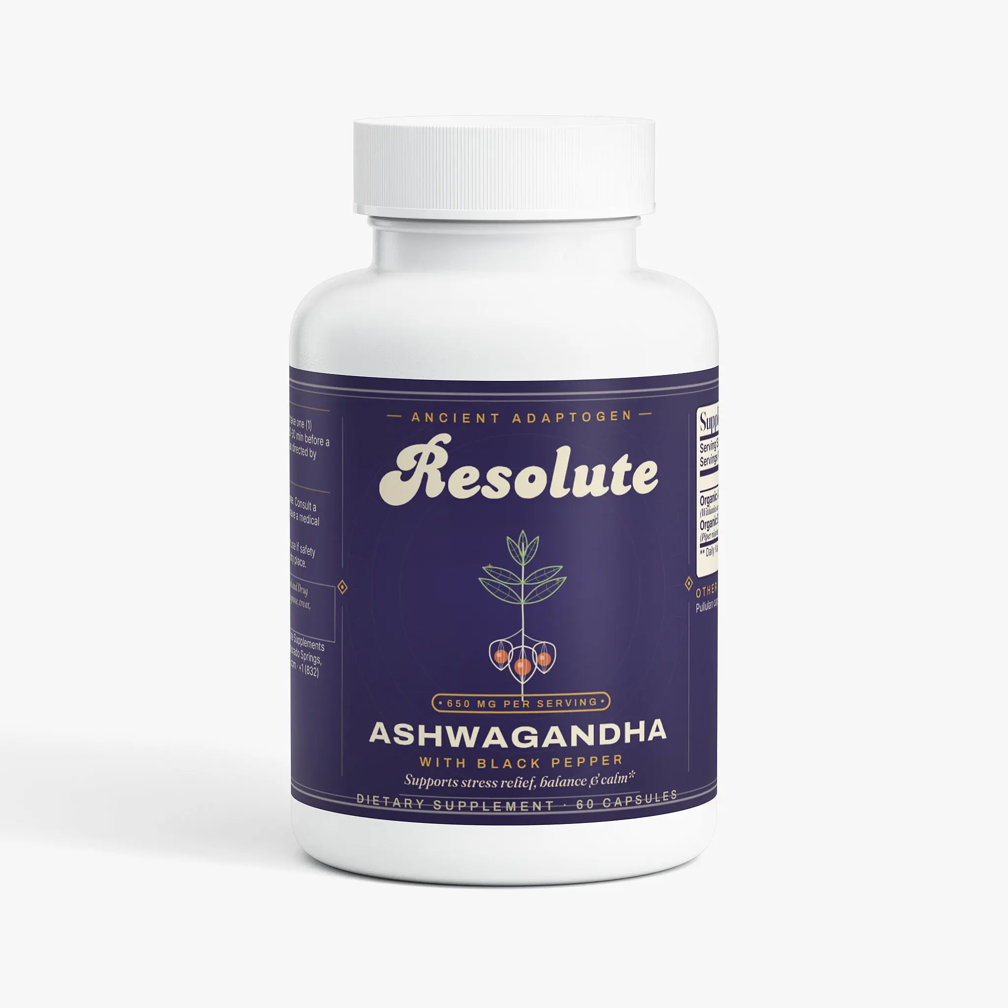 Resolute Ashwagandha 650mg with Black Pepper 60 Capsules for Men & Women Organic Supplement Supports Overall Health