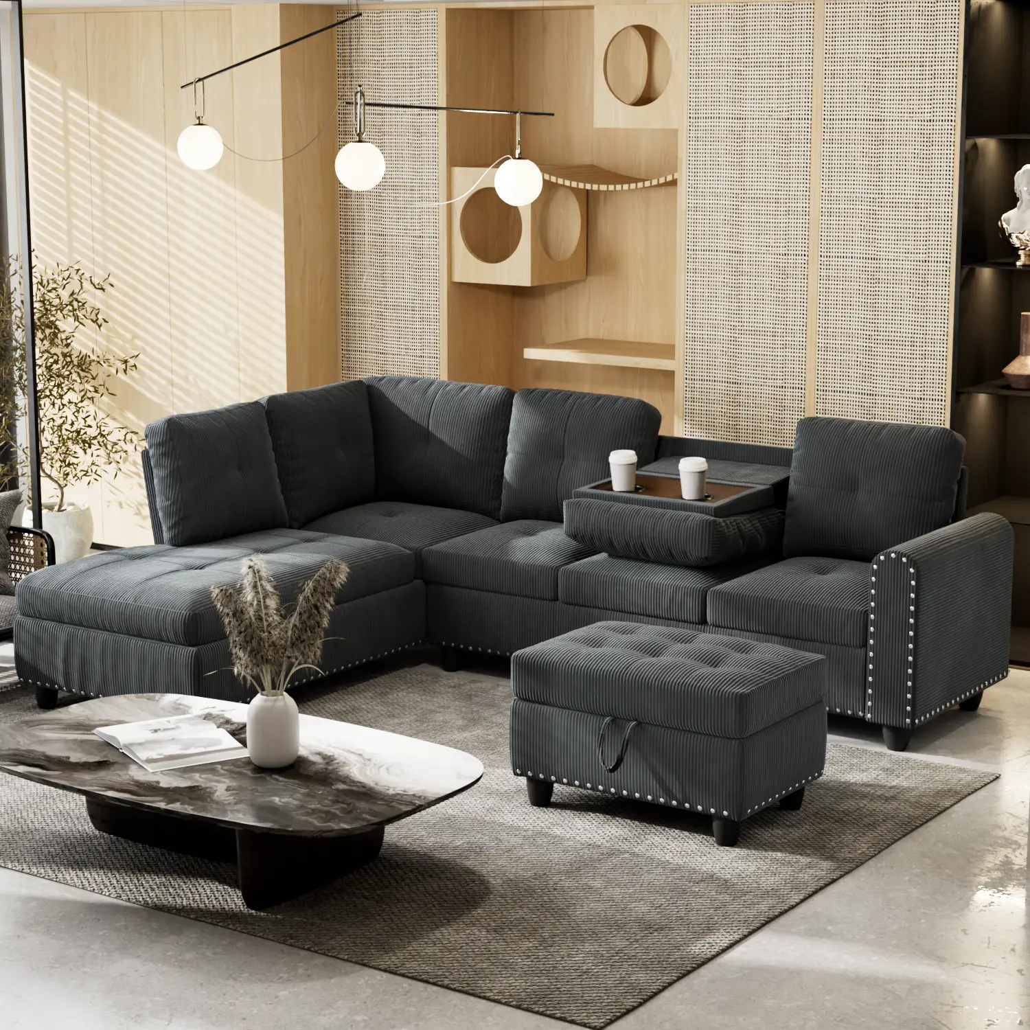 Modern Upholstered L-Shaped Modular Sectional Sofa (94.49in), with Storage Ottoman, Drop-Down Back & Cup Holders, Nailhead Trim, for Living Room, Bedroom - Dark Grey, Modern Sectional Sofa, Upholstered Sectional Sofa