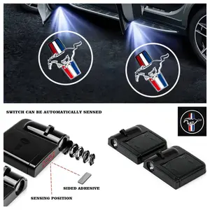 4-Pack Ford Mustang Logo Car Door LED Welcome Projector Lights, Compatible with Ford Mustang GT/Mach-E/Ecoboost/Bullitt Series Vehicles, Peel-and-Stick Non-Destructive Drill-Free Waterproof Courtesy Lights, Led Step Lights