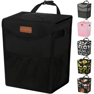 Can with Lid, Cute Leakproof Car Trash Garbage Bag Hanging Vehicle Trash Bin Small Portable Automotive Garbage Cans Organizer for Back/Front Seat/Console(Trapezoid,Black)