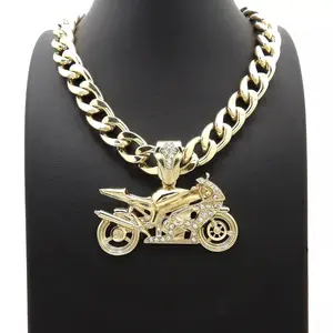 MaxBling81 Gold Plated Motorbike Motif Pendant Necklace - 10mm Cuban Chain Link, Metal-Coated Chunky Statement Hip Hop Choker for Men, 18in/20in/24in/30in Length Options, Statement Necklaces, Cuban Necklace Necklaces