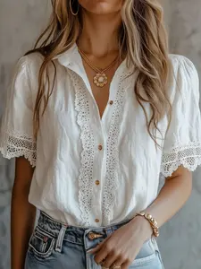 Women's Lace Trim Short Sleeve Shirt Blouse Womenswear, Collared Design Pure Color Solid Top, Spring Summer Elegant French Style, Casual, Casual Blouse Shirts