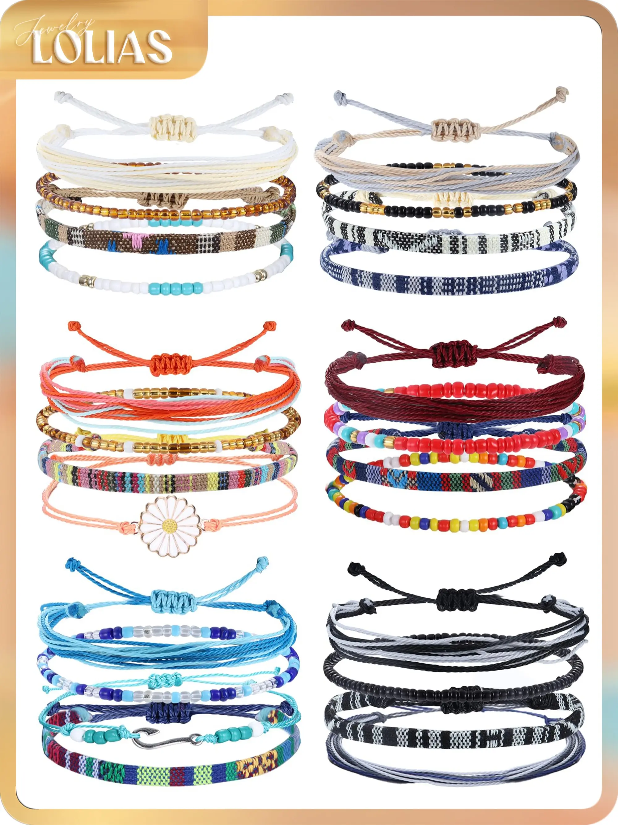 LOLIAS 24 Pieces Ankle String Bracelets for Women Surfer Wave Boho Bracelet Adjustable Handmade Friendship Bracelet String Ocean Beach Boho Bracelets Anklets for Women