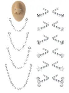 Punk Style Nose Ring & Chain Set, Stainless Steel Nose Piercing Jewelry for Women & Men, Trendy All-match & Exquisite Jewelry for Birthday Gift
