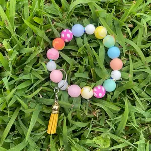 Tie Dye Polka Dot silicone Beaded Wristlet Keychain with Tassel - Colorful Beads & Yellow Tassel Accessory