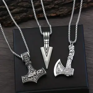 Viking Men’s Necklace – Viking Hammer, Nordic Compass, Celtic Knot, Wolf Axe Pendant, Nordic Talisman Pendant Necklace, Festival Jewelry Gift