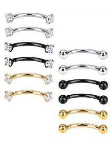 Minimalist Solid Color Curved Rod Design Eyebrow Studs, 12pcs Stainless Steel Eyebrow Piercing Jewelry, Body Jewelry for Women & Men, Trendy All-match & Exquisite Jewelry for Birthday Gift, Navel Piercing Jewelry