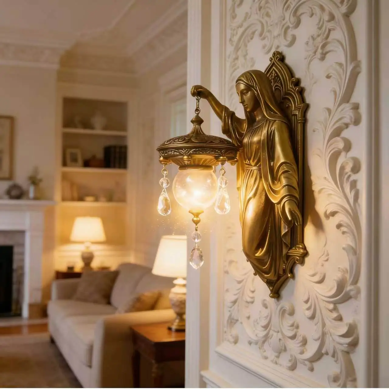 Madonna Vintage Angel Sculpture Wall Lamp - Frosted Glass Shade, Crystal Drops, Gentle Glow, Battery Operated (Includes Batteries & Screws), Decorative Ambiance Lighting, Indoor Wall Light, Bedroom Ambient Decor, Poolside Memorial Accent, Home Decor