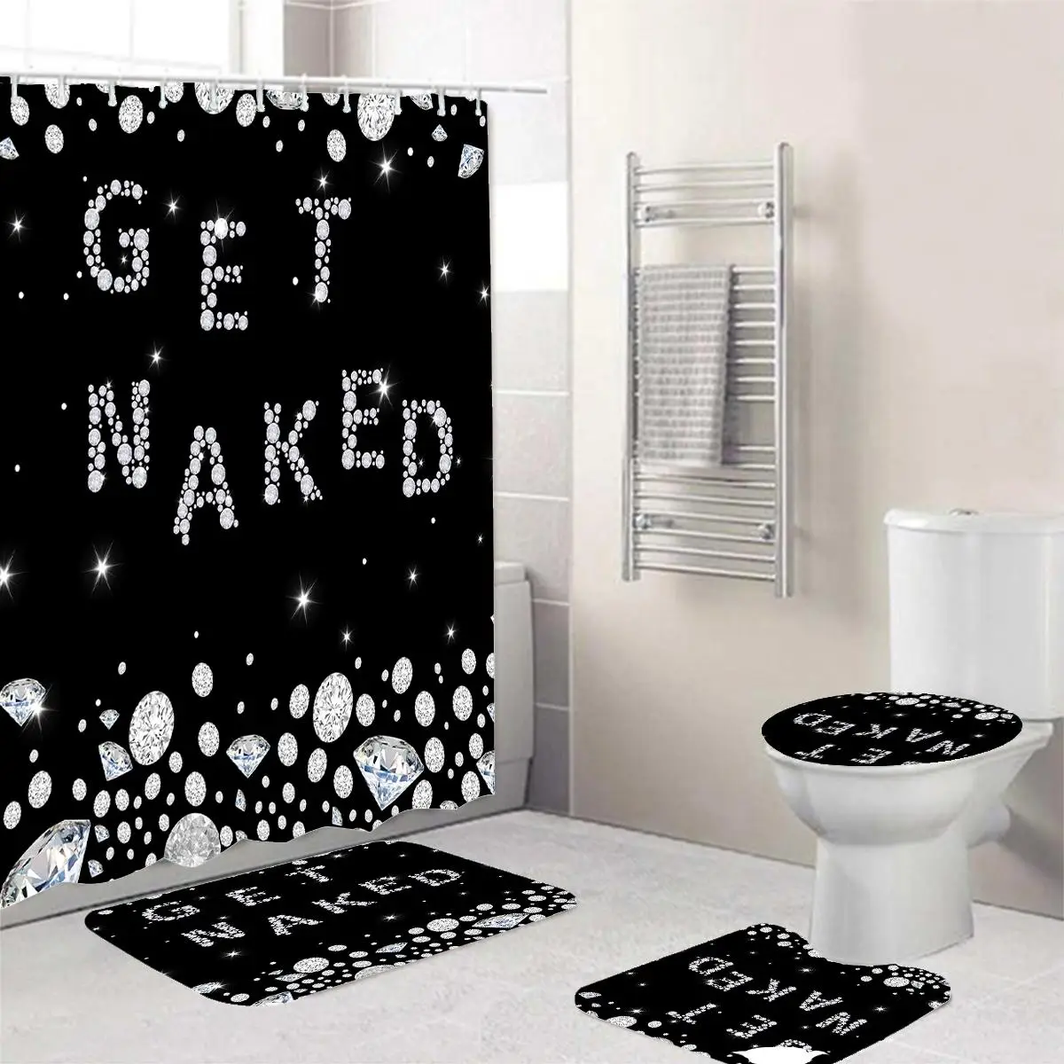 Diamond Letter Pattern Shower Curtain/ Shower Curtain & Toilet Lid Cover & Bath Rug & U Shaped Toilet Mat Set, Room Decor, Summer Gifts (12 Shower Cur