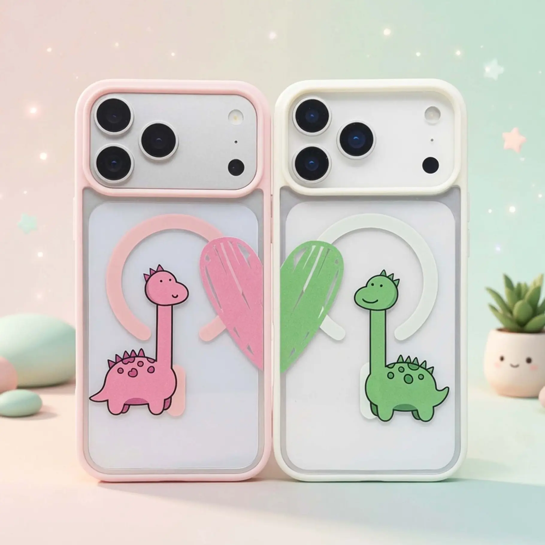 Heart-Shaped Cute Dinosaur Matching Couple Phone Case | Kawaii Aesthetic Long Neck Dino | MagSafe Compatible | Clear Shockproof Protective Cover for iPhone 11-17 Pro Max