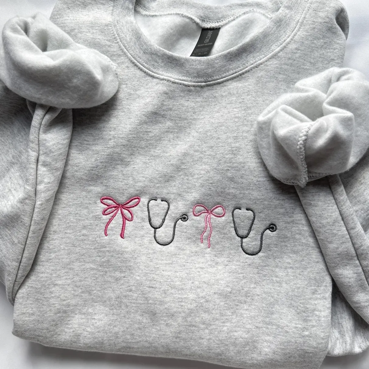 Nurse Bow and Stethoscope Crewneck, Sweatshirt/Hoodie cute applique embroidery nicu, er, trama, ocu, nurse apparel, nurse sweatshirt
