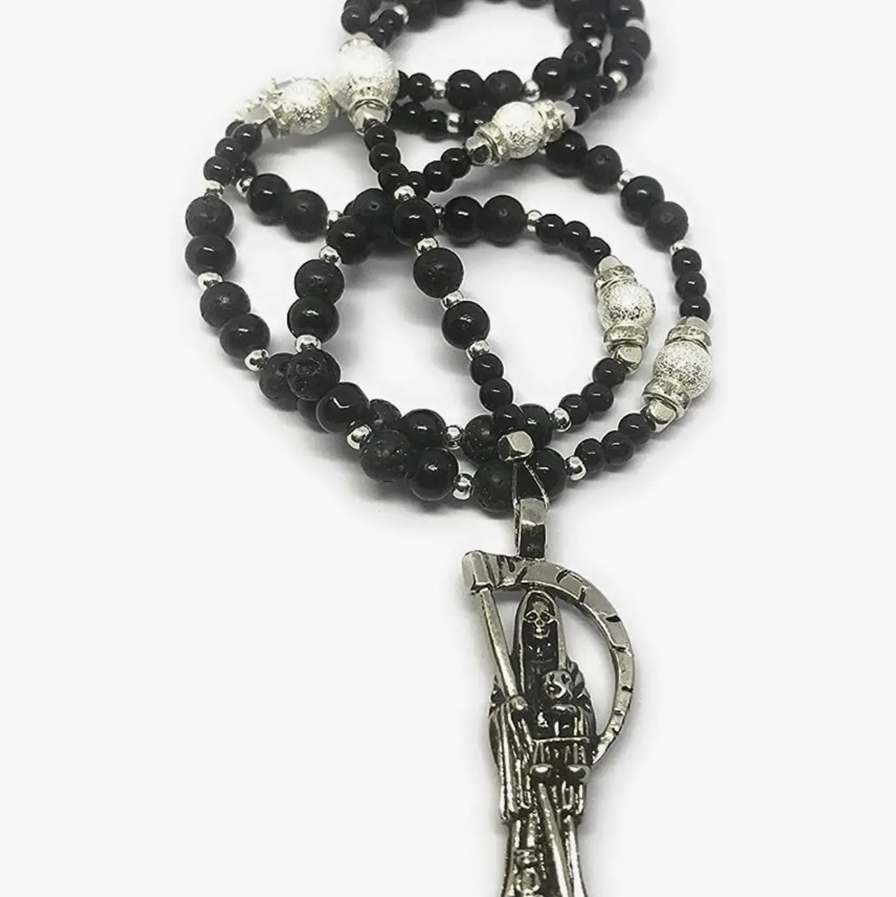 Santa Muerte Rosary Style Necklace, Black & Silver, real black lava beads