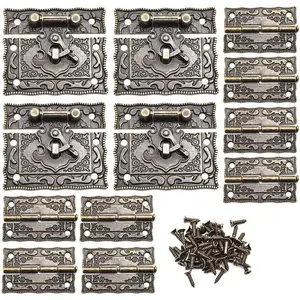 4 Sets Engraved Antique Hasp Latch Buckle Vintage Green Bronze Hinge with Matching Screws Kit for Door Hardware