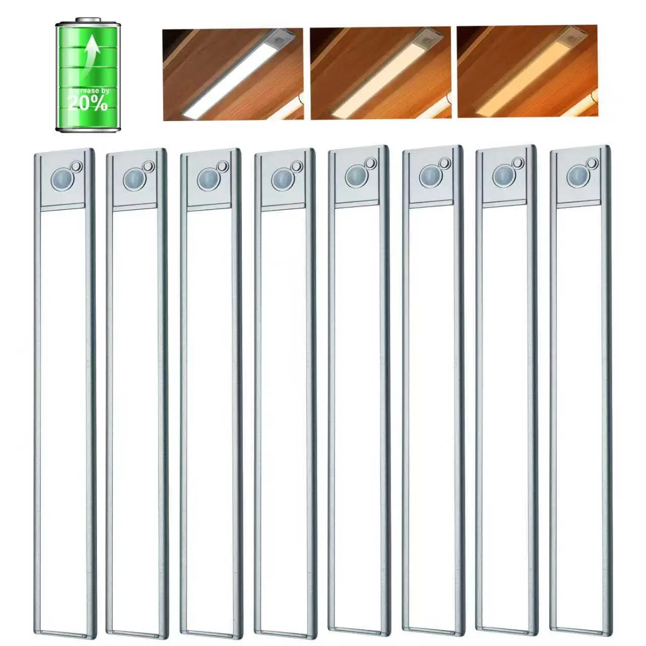 8 PACK Ultra Thin Motion Sensor Under Cabinet Light,Rechargeable LED Kitchen Light with PIR & Light Sensor, 3Color Temps (3000K/4000K/5000K), Dimmable Brightness,Magnetic Mount for Closet Wardrobe Garage lighting toolroom full screen soft kitch