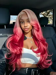 Ombre Pink Wavy Wig 13x4 Lace Front Pre-Plucked Synthetic Wig, HD Transparent Lace, Large Waves for Concerts & Music Festivals, Daily Wear & Date-Ready, 28 Inches, Ombre Wavy Wigs