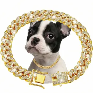 Silver Dog Chain Collar Diamond Cuban Link 13mm Wide Gold Zinc Alloy Cat Dog Necklace Pet Jewelry Accessories for Small Medium Pets