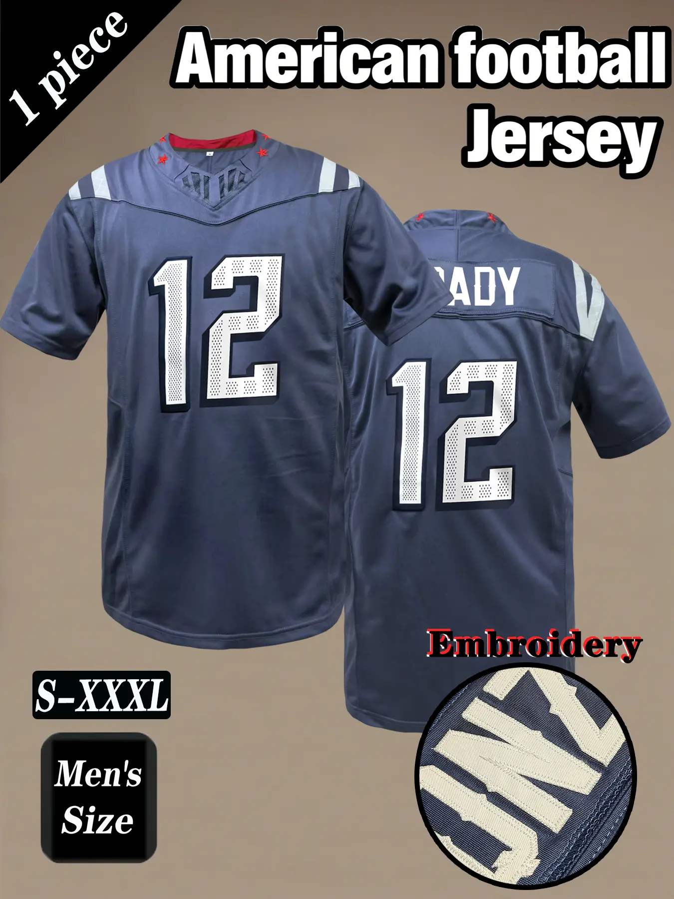 Men's Retro American football, New England # 12 Embroidered breathable V-neck mesh rugby sportswear, embroidery jersey, hip-hop casual T-shirt, Sports Tops, Athletic Tops, suitable for outdoor sports, game training, unisex