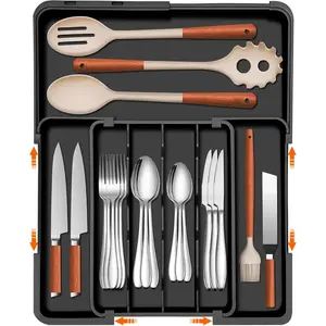 Expandable Adjustable Kitchen Drawer Silverware Organizer - Black Plastic Flatware Cutlery Holder Storage Organizer for Forks Knives