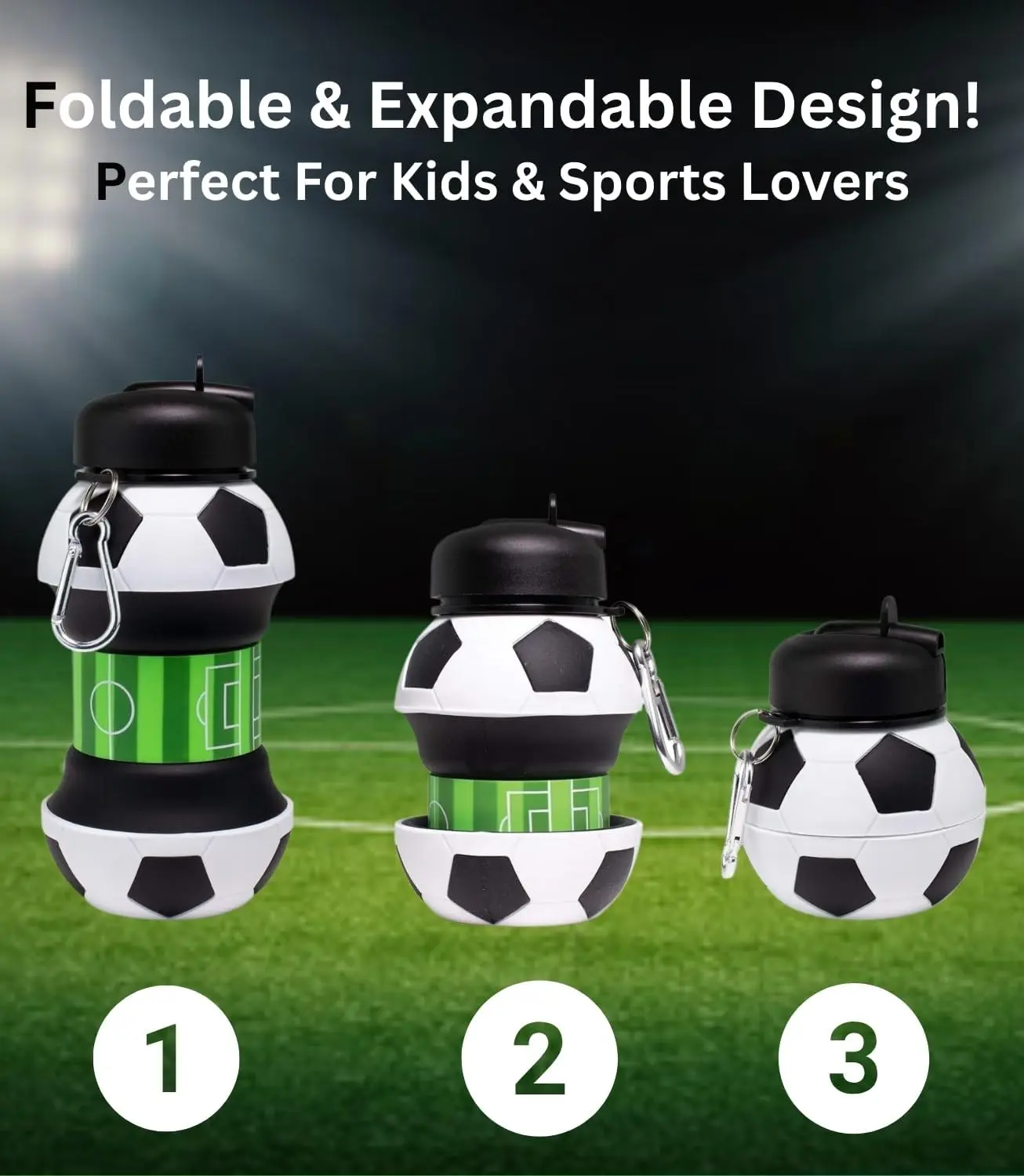 Collapsible Silicone Soccer Ball Water Bottle , 200ml-550ml BPA Free,Leak-Proof Spout, Portable Sports Drink Bottle, Food Grade, Leak Proof, Foldable Sports Bottle with Carabiner Clip - Gift for Hiking, Gym, School, Sports & Travel.