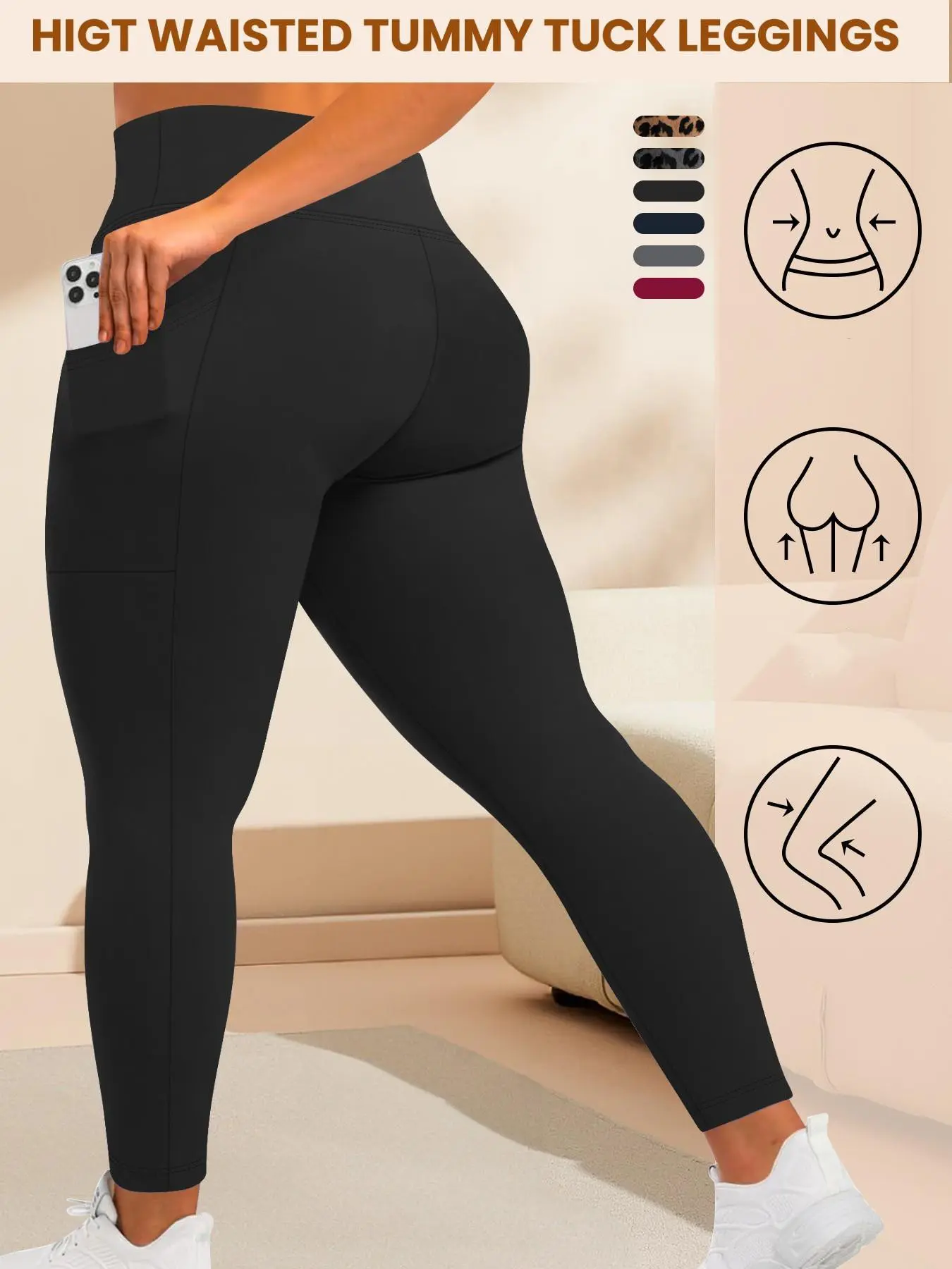 High Waisted Athletic Plus Size Stretch Leggings with Side Pockets, Ultra Soft and Opaque Fabric, Perfect for Running and Yoga, Activewear for Yoga, Available in Multiple Colors, Gym Workout Sportswear, Gym Sportswear Bottoms