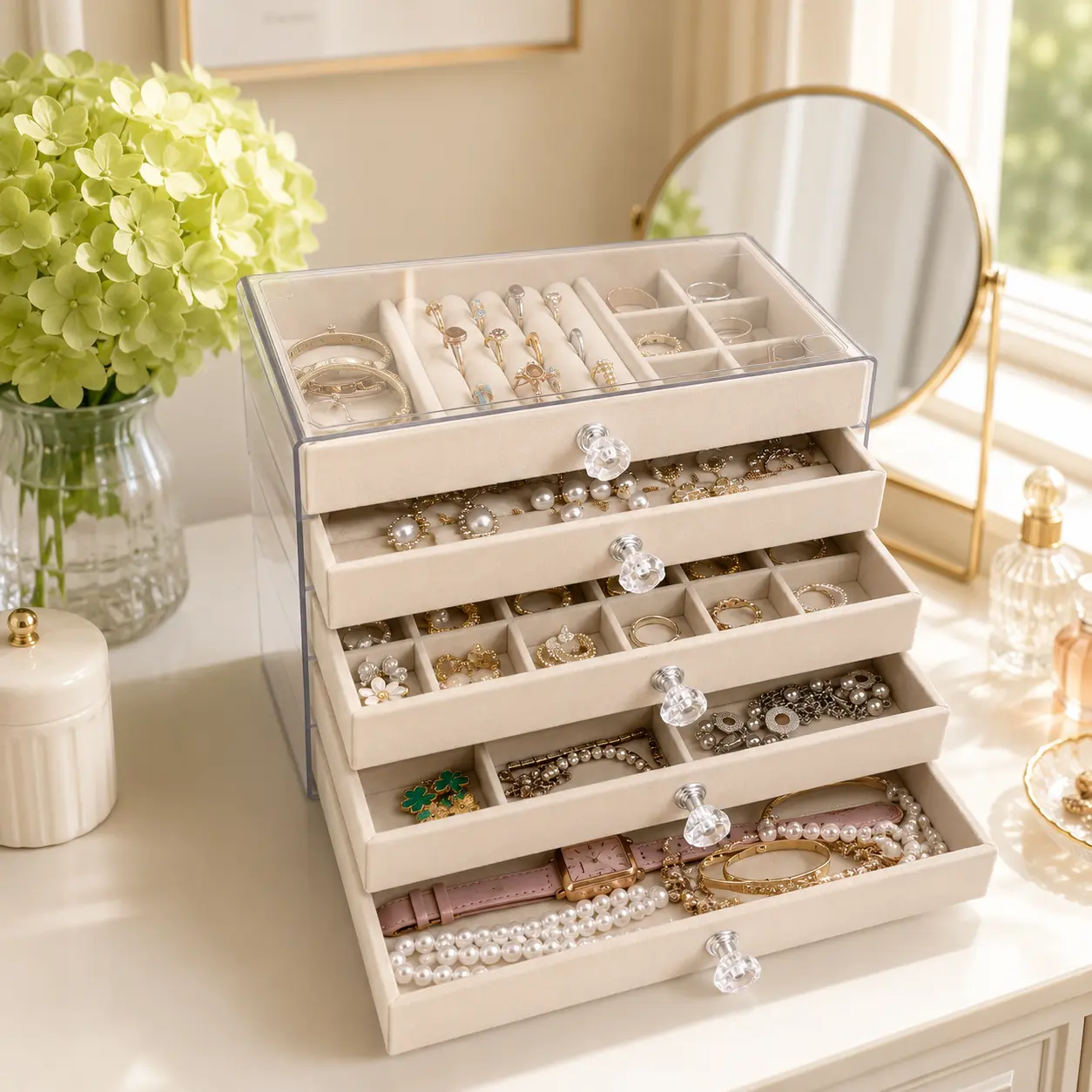 5-Layer Jewelry Organizer Box with Clear Lid – Large Capacity Velvet Jewelry Storage for Rings, Earrings, Necklaces & Bracelets, Stackable Accessory Organizer & Travel Jewelry Case for Vanity, Dresser & Women Gifts elegant