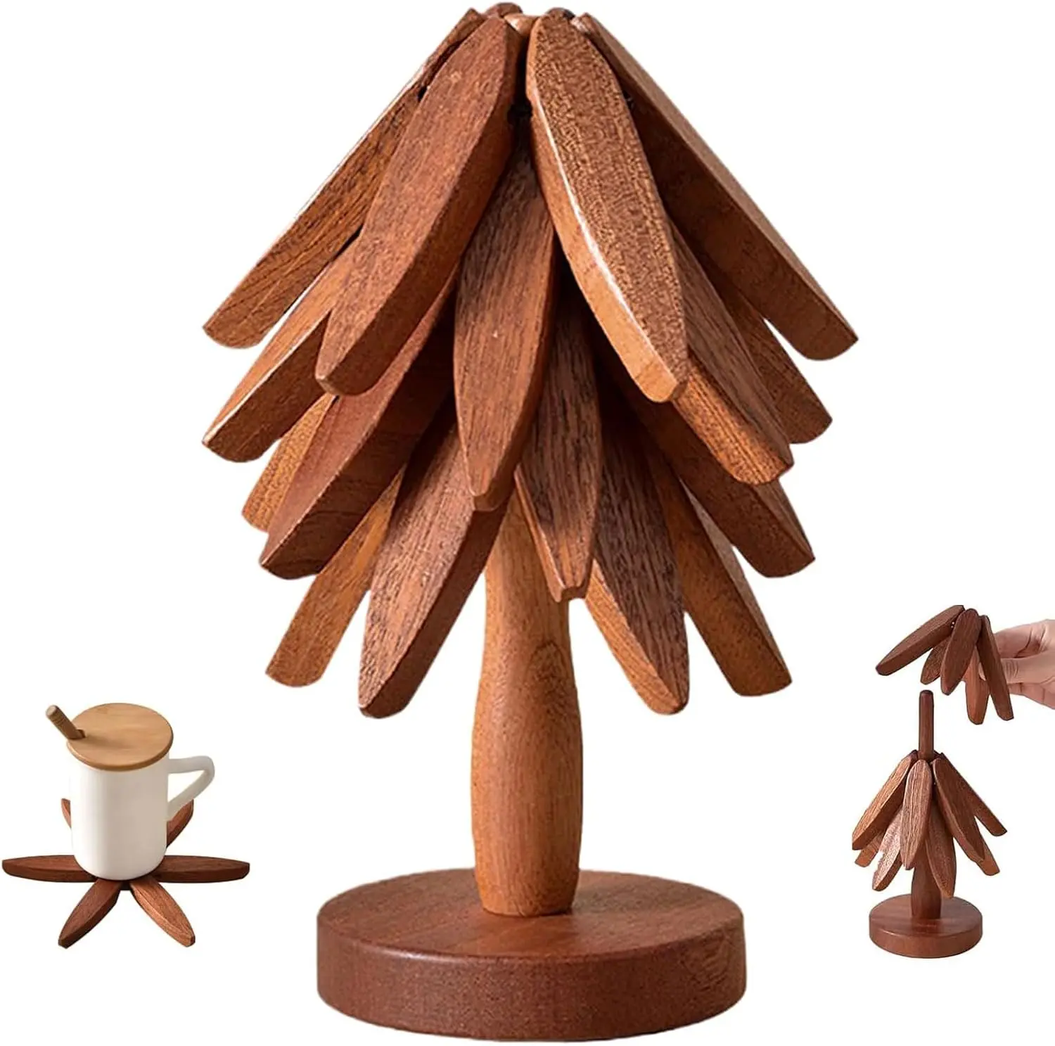 Natural Foldable Walnut Wooden Trivet Set - 4 Trivets + 1 Stand for Hot Dishes, Pot, Bowl, Teapot, Hot Pot Holders, Kitchenware Placemats & Coasters (Black Walnut)