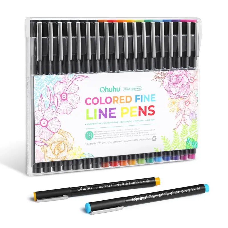 Ohuhu Fineliner Drawing Pens: Fineliners - 18 Packs - 11 Colored Pens & 7 Assorted Point Sizes Black Micro Pen Waterproof for Drawing Sketching Anime Manga Artists Beginners - Hana Highway Series of Ohuhuart, Color Kit - Fineliner Pens Series of Ohuhu