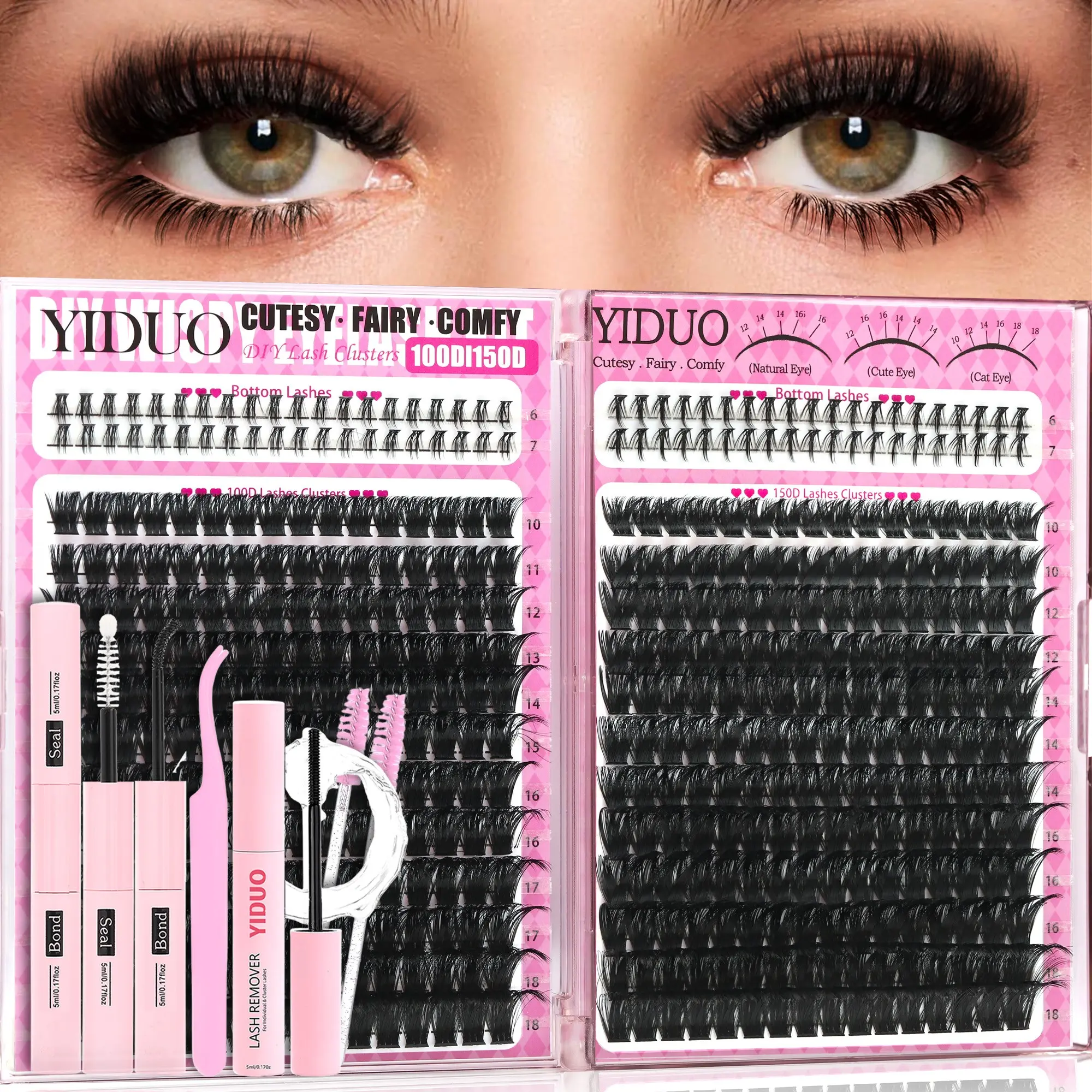 Eyelash Cluster Kit, Diy Eyelash Extensions, 3 Styles: 100D, 150D & Bottom Lashes, 6–18mm D-Curvature Individual Lash Extension Kit With Lash Bond and Seal, Remover, Tweezers & Eyelash Brush, Easy DIY Lash Spikes at Home