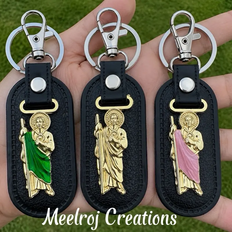 keychain San Judas tadeo stainless steel and leather