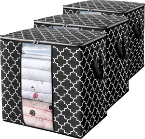 Storage bag [3-piece/100 liter] large blanket clothing sorting container with reinforced handle foldable organizer transparent window sturdy zipper