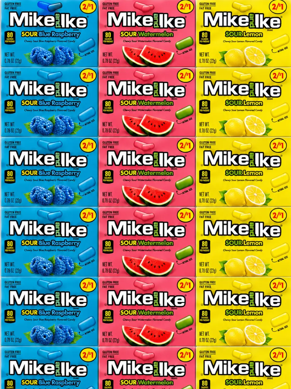SOUR Mike and Ike Candy -21 Pack-0.78oz Packs | 3 Flavor Variety, Sour Blue Raspberry, Sour Lemon or Sour Watermelon | 21 Count | NYC Bodega Candy – NY Snack Pantry